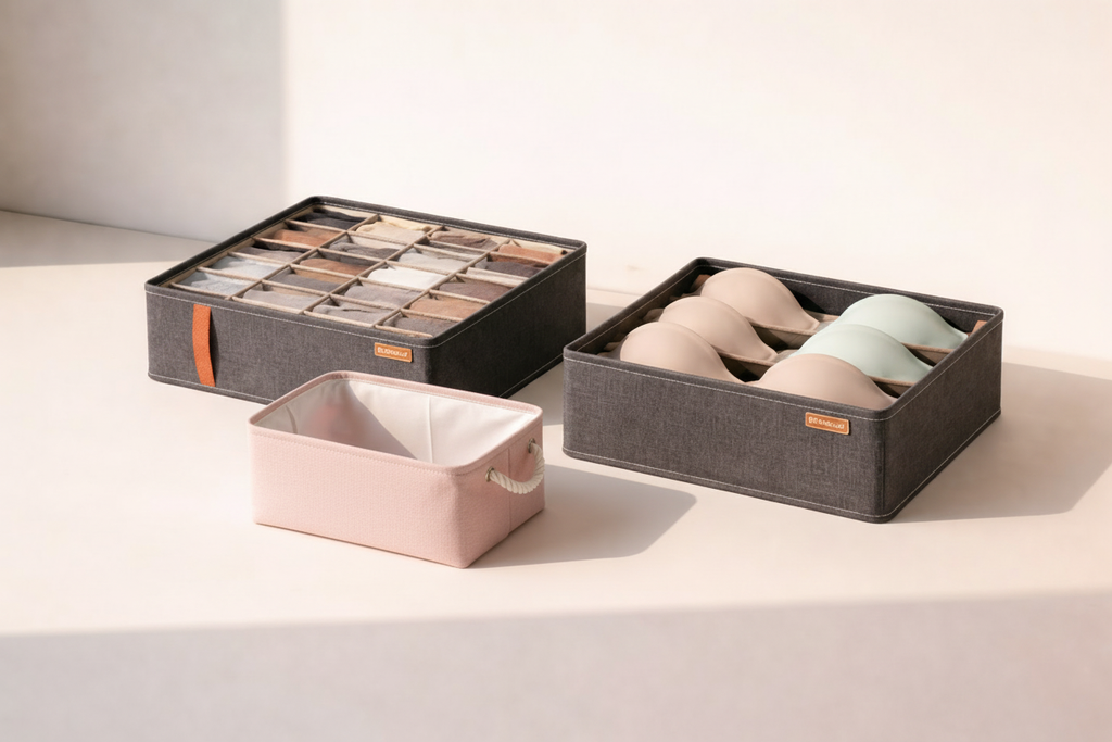 pack rangement organisateur 20 cases avec un organisateur  cases et un panier roses de taille S 